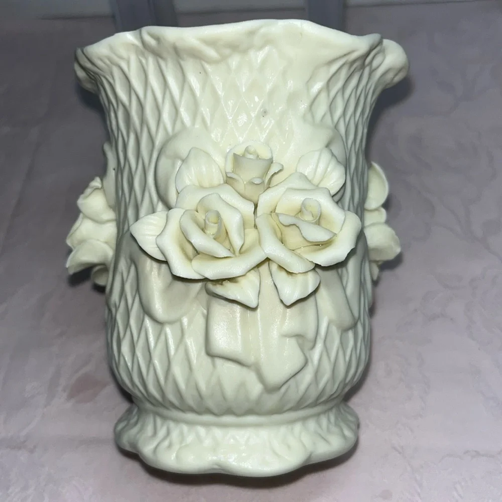 Vintage Cream Floral Relief Vase Shabby Chic Cottagecore Rose Decor